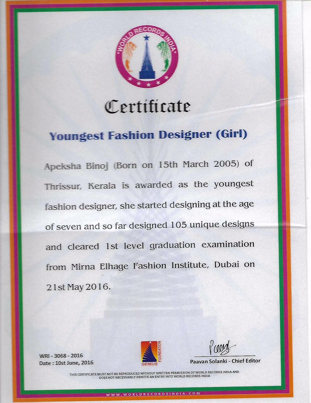 WORLD RECORDS INDIA CERTIFICATE